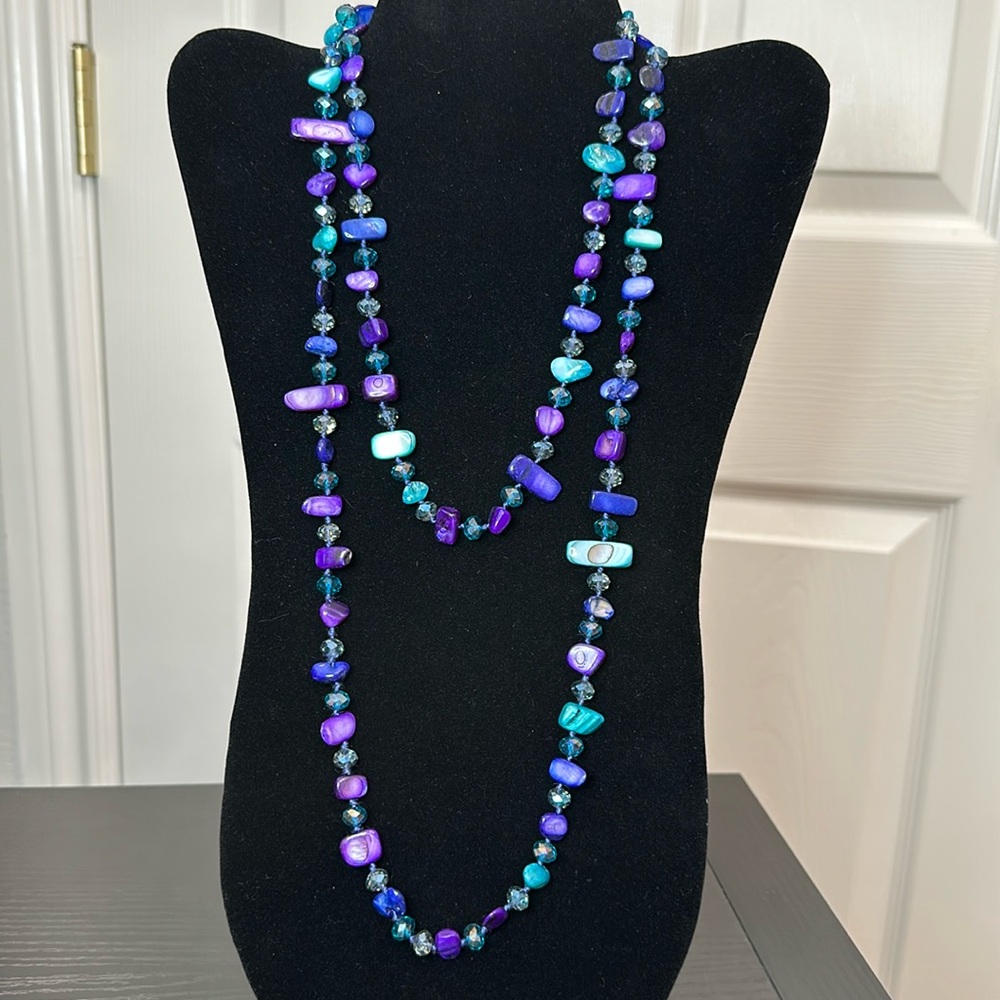 AB Faceted Crystal & Dyed Shell Hand Knotted Continuous 46” Vintage Necklace
